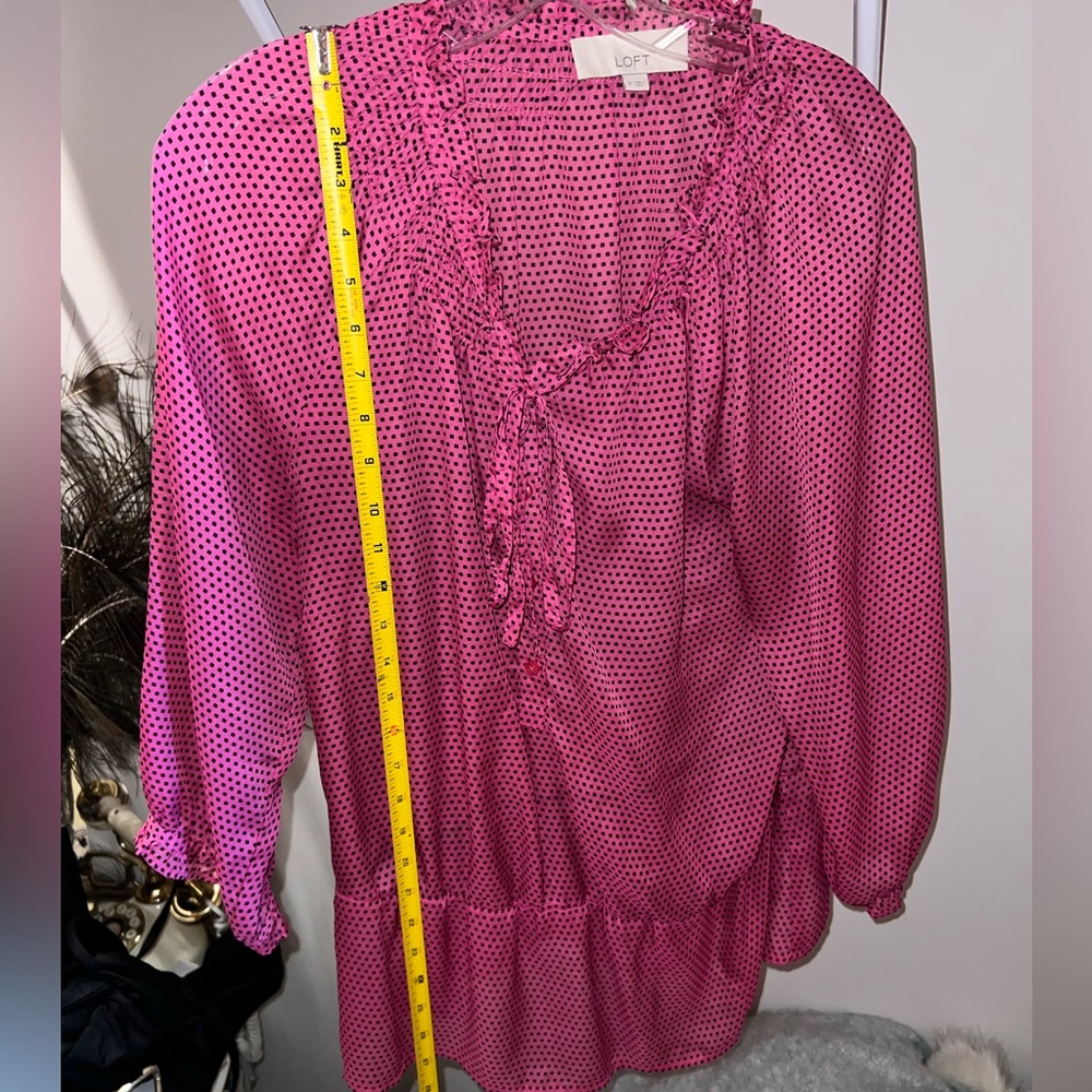 Loft size medium Pink and navy polka dot silk blouse